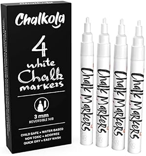 Fine Tip White Chalk Pens - Pack of 4 Chalk Markers - Use on Chalkboard, Windows, Blackboard, Signs, Glass, Bistro - Water Based Wet Wipe erasable Pen - 3mm Reversible Bullet & Chisel Tip