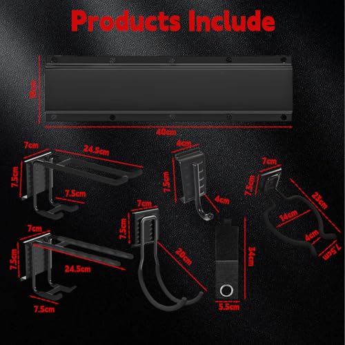 Wandhalterung Werkzeugregal für Garage und Garten, 163cm schwarzes Eisen, mit 4 Platten mit 12 Haken, für Schaufeln, Rechen, Hacken, Trimmer, verstellbare Aufbewahrung für Garage, Schuppen, Werkstatt