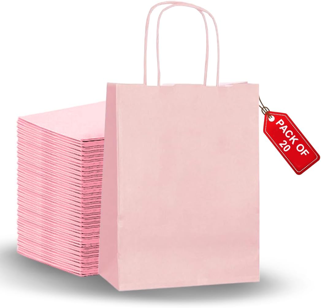 SMALL 20 Pcs Paper party bags for kids party - Gift carrier with twisted handles - Pink gift bags Perfect for Thanksgiving, Anniversary, Kids Birthday, Weddings, Baby Showers (31×21×11 CM)