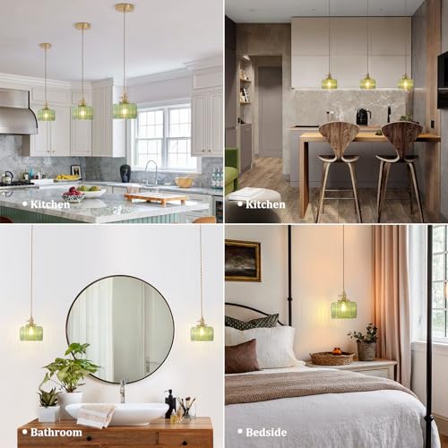 Image of Shenmoyl Pendant Light with Green Striped Glass Lmapshade, Brass Vintage Pendant Light Adjustable Hanging Light for Kitchen Island Dining Room Hallway