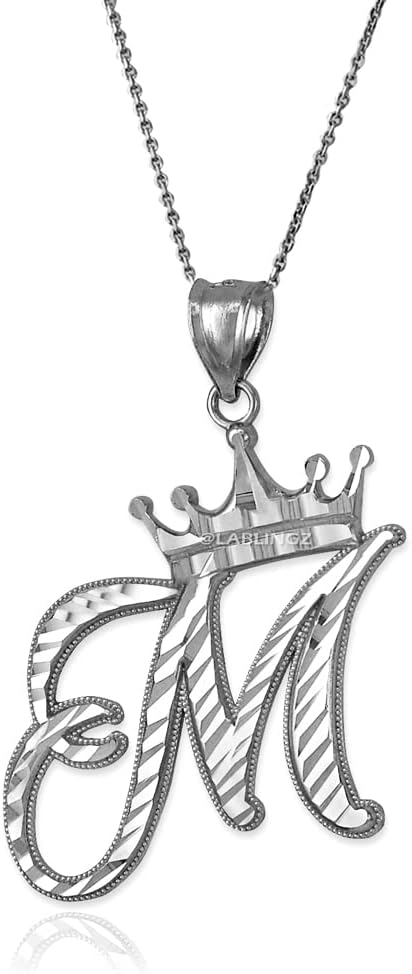 Sterling Silver Letter 'M' Initial Cursive Crown DC Pendant Necklace