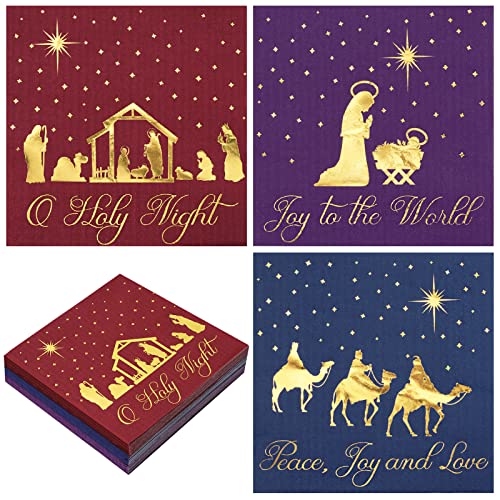 Whaline 75 Pack Christmas Regilious Napkins Holy Night Nativity Disposable Paper Napkins 6.5in Jesus Joy to the World Gold Foil Cocktail Napkins for Xmas Holiday Party Supplies Dinner Table Decor