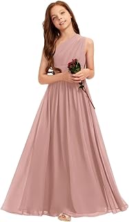 A-line One Shoulder Floor-Length Chiffon Junior Bridesmaid Dress for Wedding Teen Girls Party Gowns