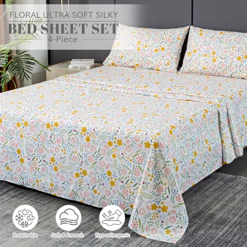 Bedlifes California King Sheet Set Ultra Soft, Breathable, Silky Flower Deep Pocket 100% Microfiber Bedding, 4 Piece Cal King Size Floral