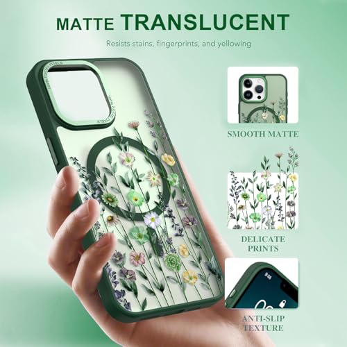 Image of Magnetic for iPhone 13 Pro Max Case with for Women, Green Flower | Pretty Floral Pattern Design [Compatible with MagSafe] Shockproof Slim Translucent Matte Non-Slip Protective Cover