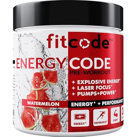 fitcode EnergyCode - Pre Workout with Creatine Powder - Energy & Performance Drink - Muscle Strength & Endurance Supplement - Contains Caffeine - 30 Servings - Watermelon Cover