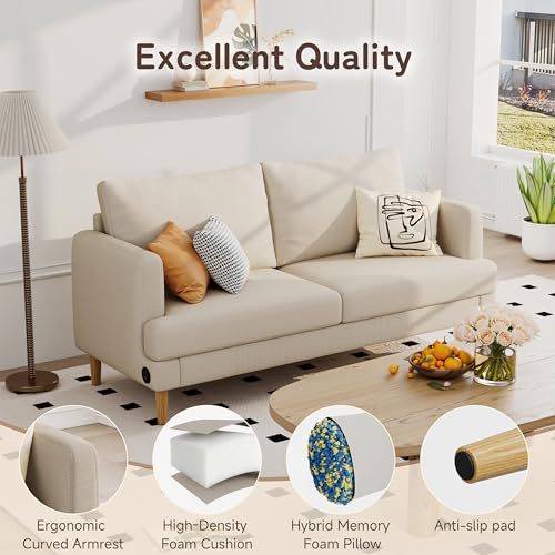 Image of 70 inch Modern Loveseat Sofa with USB Type-C Ports, Linen Fabric 2-Seater Deep Seat Couch, Cozy Small Couch Sofa for Living Room Bedroom Office Apartment (Beige)