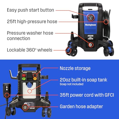 Westinghouse EPX3050 Epx3100 Electric Pressure Washer, 2300 Max Psi 1.76 Max Gpm With Anti-Tipping Technology, Onboard Soap Tank, Pro-Style Steel Wand, 5-Nozzle Set, For Cars/Fences/Driveways/Home/Patios thumb #4