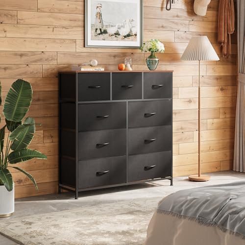 Image of WLIVE 9 Drawer Dresser, Fabric Storage Tower for Bedroom, Hallway, Closet, Tall Chest Organizer Unit for Bedroom with Fabric Bins, Steel Frame, Wood Top, Easy Pull Handle, Black and Rustic Brown