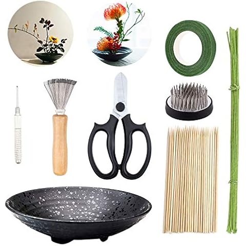 WANDIC Flower Arrangement Kit, Set of 51, Round Flower Holders, Ceramic Flower Pot, Kenzan Needle Cleaning Pin & Rake, Floral Stems And Floral Tape For Flower Arranging Art Cover