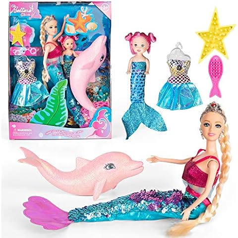 Mermaid Princess Doll with Little Mermaid and Pink Dolphin Playset, Blonde Hair Mermaid Toys with Accessories, Gift for 3 to 7 Year Old Girls Cover