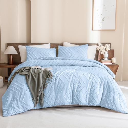 Image of Andency Light Blue Comforter Set Full Size, Boho Soft Warm Tufted Neutral Bedding Comforter Sets for Full Bed, 3 Pieces Aesthetic Chevron Cute Bohemian Textured Bedding Set