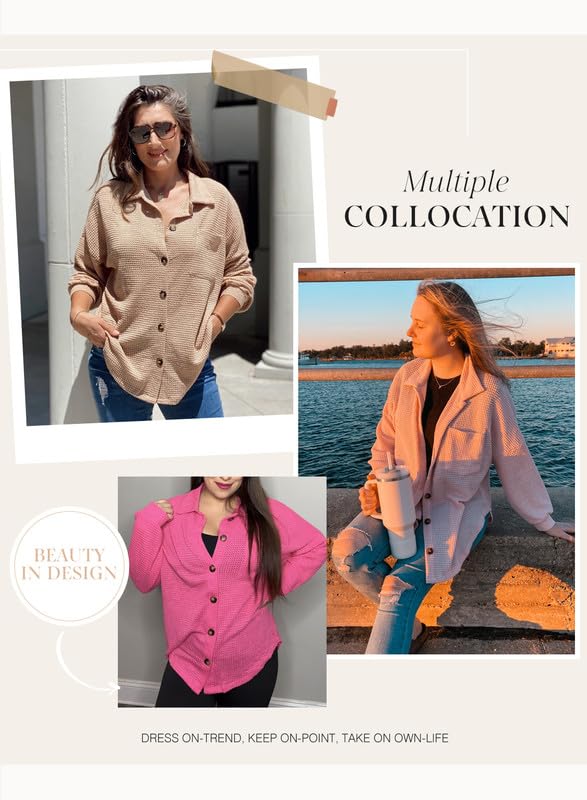 Image of Dokotoo Womens Waffle Knit Shacket Jacket Casual Button Down Shirts Tops | Long Sleeve,Loose Fit,Boyfriend Style,Collared V Neck,Fall Cardiga,Outwear with Pockets