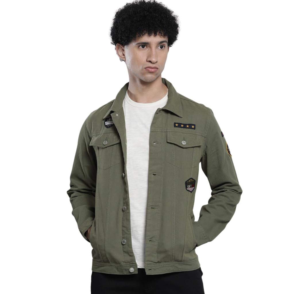 the indian garage co Men Slim Fit Badges Trucker Jacket-picture-45