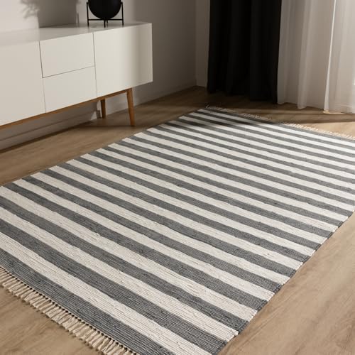 benuta Basic Baumwollteppich Tom - Grau/Creme 160x230 cm - Handgewebter Wohnzimmer Teppich - 100% Recycelte Baumwolle - Für Fußbodenheizung geeignet