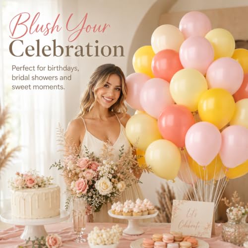 Image of Pink and Yellow Balloon,50PCS 12 Inch Boho Pink Balloons Retro Orange Pastel Pink Yellow Nude Ballons for Girls Birthday Autumn Baby Shower Wedding Engagement Flower Fall Party Decorations