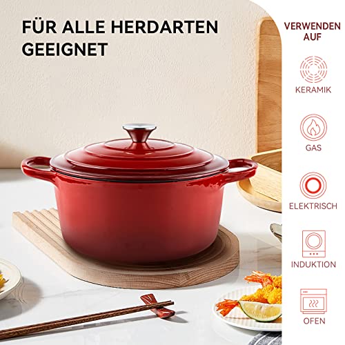 Foto von Hawthyhome Gusseisen Bräter, Emaillierter Bräter mit Deckel, Bräter Induktion 26 CM, 5.3L, Für alle Herdarten und Induktion geeignet, Antihaft-Emaille-beschichtetes, Backofen-sicher - Kirschrot