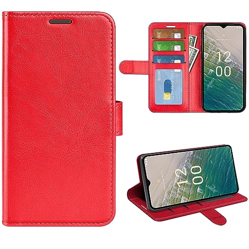 XFDSFDL® Schutzhülle für Nokia C22 (6,5 Zoll) Buchstil PU Lederhülle Links/Rechts Offen Flip Case mit Magnetverschluss Taschen Kartenfächern Brieftasche Ledertasche, Rot