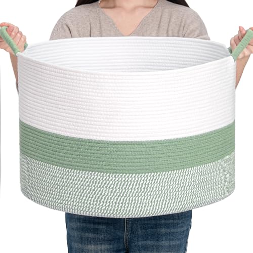 Image of CLHMILY&Z Round Cotton Rope Storage Basket - 22x14.2 Inches - Cute Nursery Bin, Baby Toy Organizer, Green Organizer for Home Decor, Multi-Purpose Home Tidy Solution