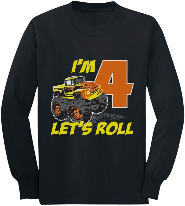 Tstars I'm 4 Let's Roll Shirt - Fun Truck 4th Birthday Long Sleeve Tee for Toddler Boys & Kids Party Outfit