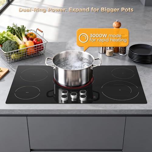 Image of 36 Inch Electric Cooktop 5 Burners, Electric Stove Top with Knob Control, Built-in Ceramic Stove, Fast Heat, 9 Heating Level, 9000W with Hard Wire for 220V~240V