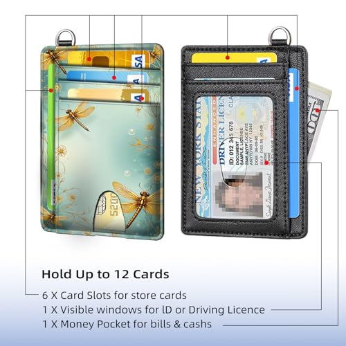 Slim RFID Blocking Wallet Minimalist Front Pocket Card Holder, Golden Dragonfly on Light Blue Secure Leather Credit Card Case with Security Pockets for Men and Women3