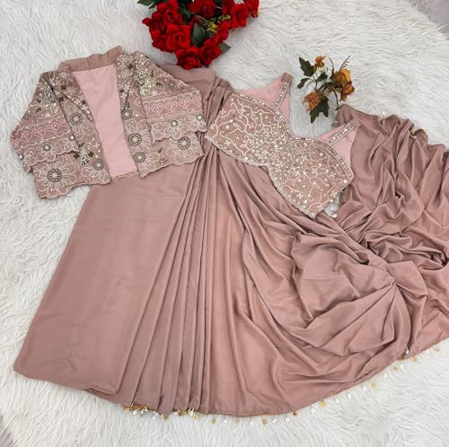 Image of Women's Embellished, Embroidered Ready-to-Wear Crepe Silk Saree with Fully Embroidered Koti, Stitched Blouse & Lace Border - Ethnic for Women
