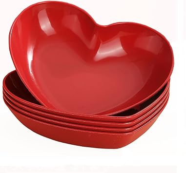 BPA Free Plastic 5pcs Set Heart Shaped Dinner Plates Dinnerware Dishes Set 8.5 Inch Food Plate Saucers Tray Fruits Snack Bowls Saucer, Red, GRB1030B