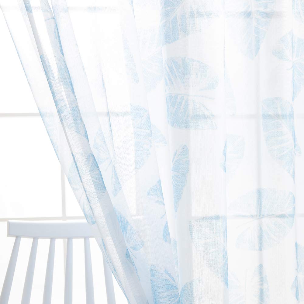 Jarl home Sheer Curtains 63 Inch Length Window Treatment 2 Panels Blue Leaf Printed Kitchen Curtains for Bedroom, Kitchen and Living Room