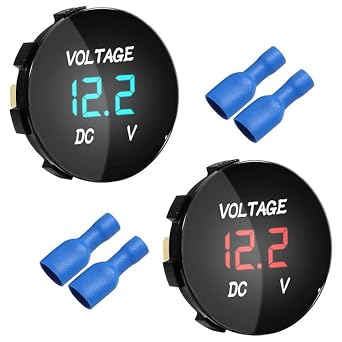 2PCS DC12V 24V Waterproof Car Voltmeter LED Digital Display Panel DC 5-48V Digital Voltage Gauge Meter Round Panel with Terminals Boat Marine Vehicle Car Motorcycle Truck ATV UTV Blue+Red Light