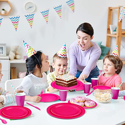 Twowyhi 228Pcs Hot Pink Party Supplies Set Include Paper Plates Cups Hot Pink Napkins Plastic Spoons Forks Knives Severs 30 Guests Disposable Party Dinnerware For Birthday Wedding Party Family Picnic #TOP4