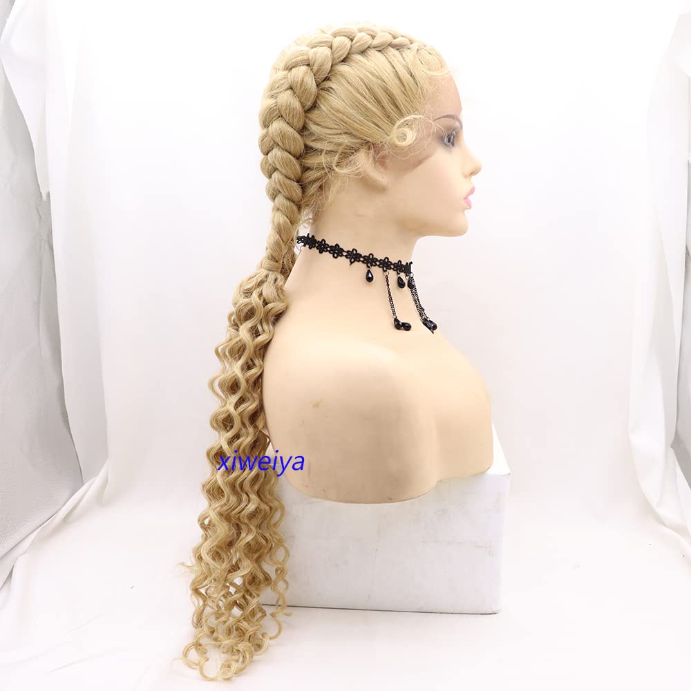 xiweiya Mixed Honey Blonde Double Dutch Braided Wigs 100% Human Hand Add Weaving Bouncy Curly Ombre Blonde Lace Front Wig with Baby Hair for Women 26inch