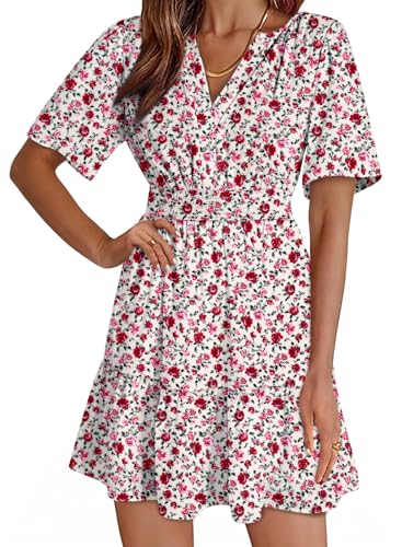 Image of Dokotoo Womens Summer Dresses 2026 Boho Floral Short Sleeve V Neck Smocked Waist Casual A-Line Swing Mini Dress Sundress
