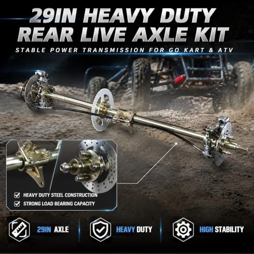 Marco Go Kart de 29 Pulgadas, Kit de Eje Go Kart, Kit de Montaje de Eje Trasero Vivo, Piñón de Eje, Cadena, Pinza de Disco de Freno, Bujes de Rueda de Repuesto para Quads ATV de