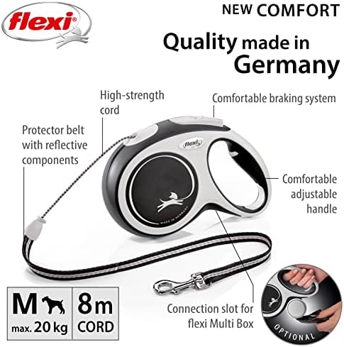 Flexi New Comfort Cord Grey & Black Medium 8m Retractable Dog Leash/Lead for dogs up to 20kgs/44lbs