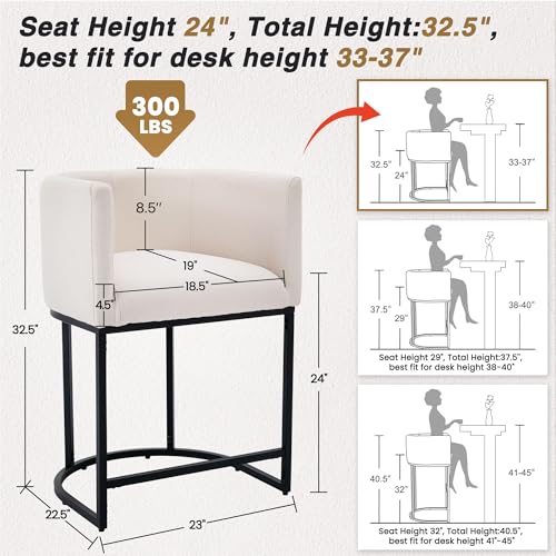 Image of HNY Modern Counter Height Bar Stools Set of 4, 24 inch Linen Counter Stools with 8.5 inch Extra Tall Barrel Back, Black Tubular Frame, Deep Comfortable Seat Island Stools for Kitchen Counter, Home Bars, Cream