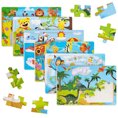 6-Pack Wooden Puzzles for Kids 3-5 Years 30-Piece Educational Jigsaw Puzzles Dinosaur Animals Fish Penguins Spaceship and More Fine Motor Skill Montessori Toys