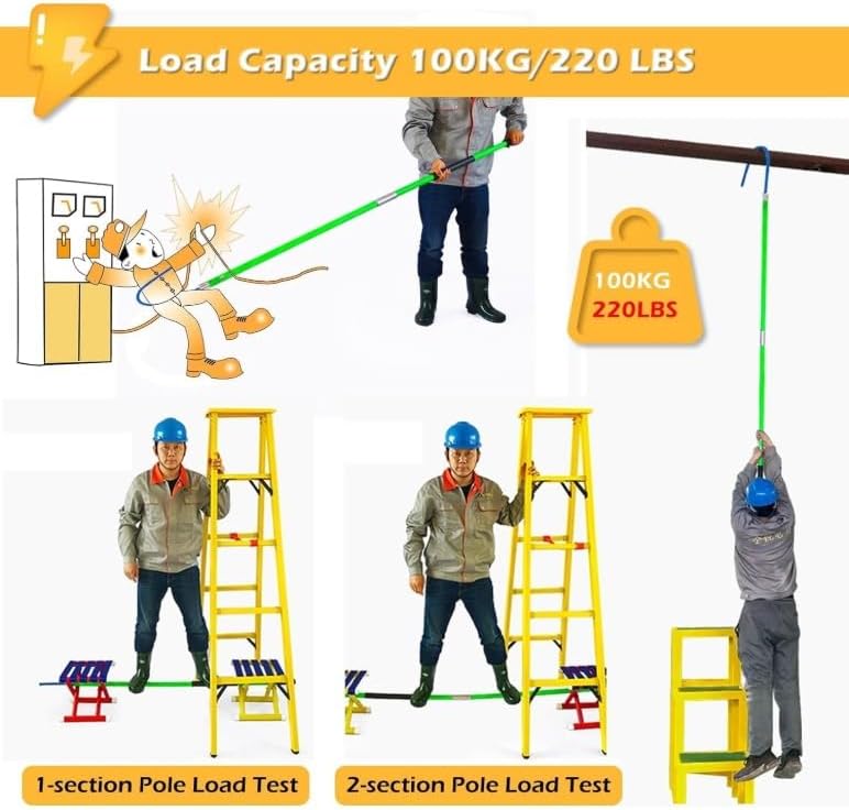 High Voltage Rescue Hook, 9.8ft Insulated Anti-Electrocution Assist Tool for 10kV 35kV 110kV 220kV Electrical Gear, Green Safety Equipment
