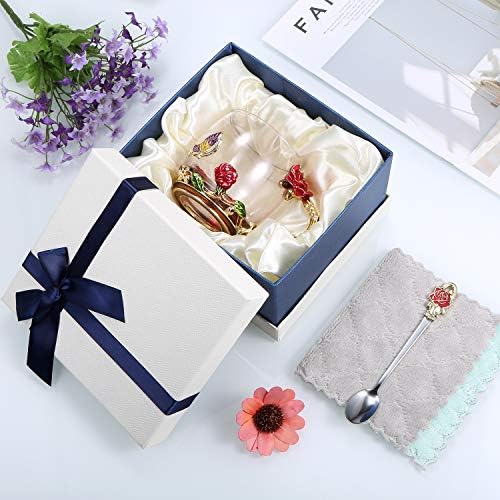 Decdeal Enamel Glass Mug, Flower Tea Cup Lead-Free Coffee Mug with Spoon&Cleaning Cloth&Gift Box,Gifts for Mum,Wife,Girl,Teacher on Birthday,Valentine's Day,Mother's Day,Wedding Anniversary,Christmas