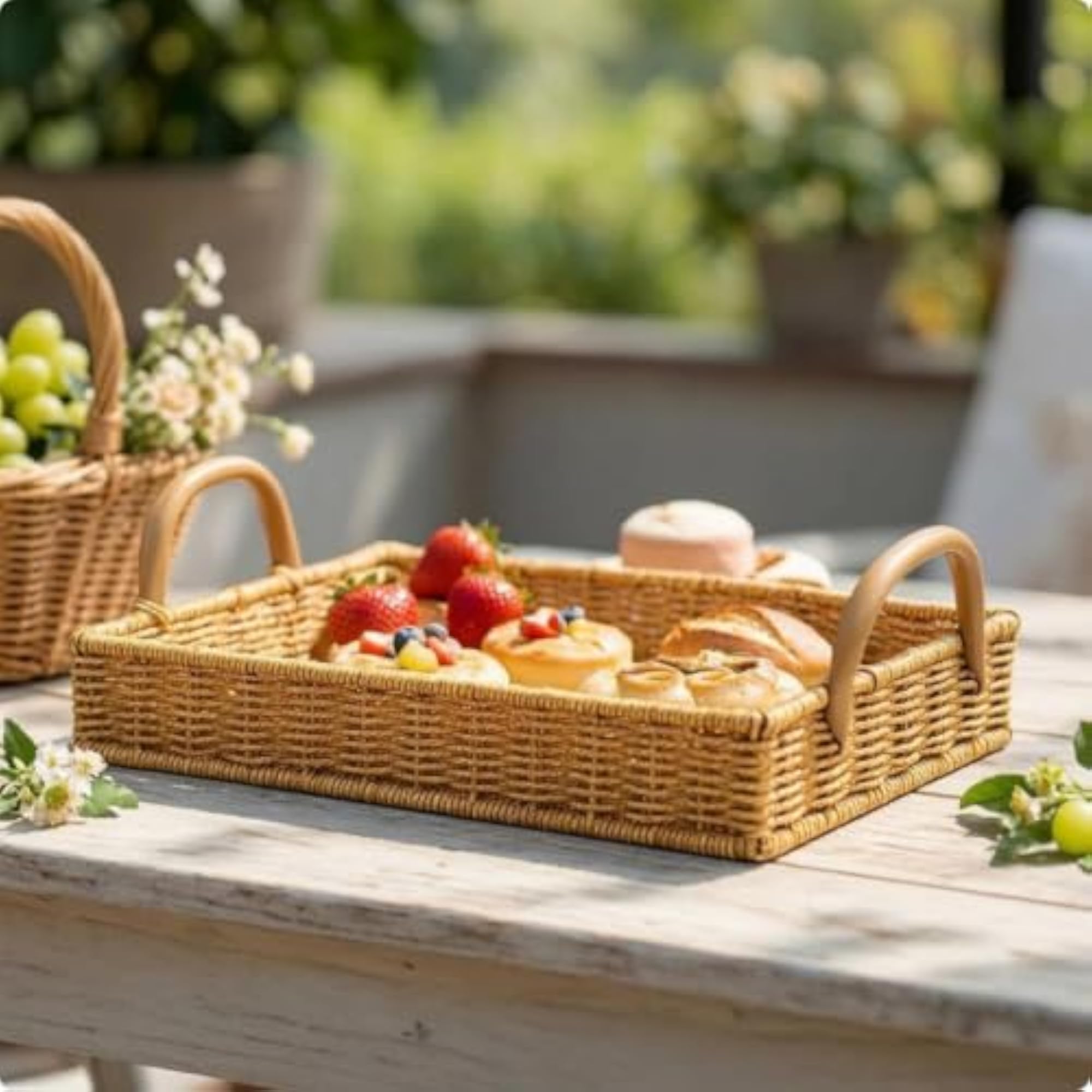 Rectangular Wicker Serving Basket with Handles, Shallow Woven Tray