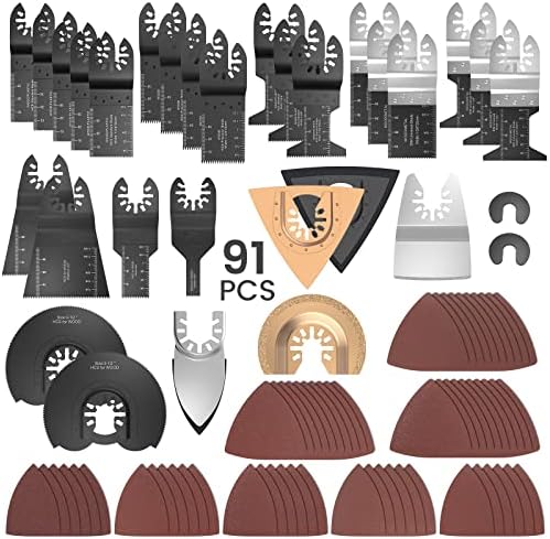 Oscillating Saw Blades, 91 PCS Quick Release Oscillating Tool Blades with Sandpaper for Wood Metal Plastic Cutting, Compatible with Dewalt, Milwaukee, Makita, Ryobi, Rockwell, Bosch etc.