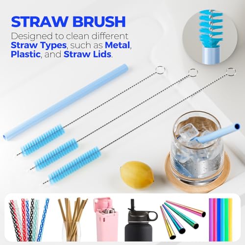 Image of Holikme 6 Pack Brush Set, 14 inch Long Handle Stainless Steel Cleaner, 3 Straw Brushes, 4-in-1 Cleaning Brush for Water and Baby Bottles Straws, Aqua