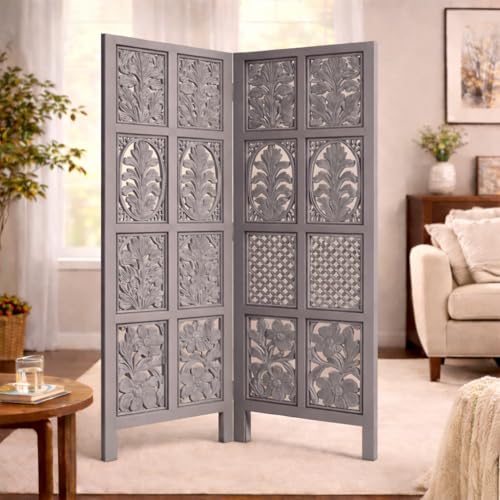 Image of Wooden Room Divider | MDF Privacy Screen Partition | Freestanding Folding Floor Panel | Decorative Carved Handicraft Separator for Living Room, Bedroom & Office (Grey, 5 feet 2 Panels)