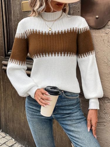 SweatyRocks Women's Lantern Sleeves Knitted Sweater Mock Neck Color Block Patchwork Casual Pullovers4