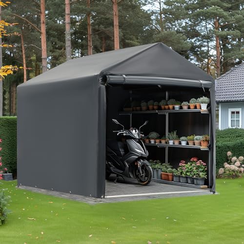 MELLCOM Cobertizo de almacenamiento portátil de 5 x 7 pies, cobertizo de almacenamiento resistente al aire libre con puerta enrollada con cremallera, toldo de cochera para bicicletas, motocicletas,