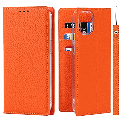 iCoverCase for iPhone 13 Wallet Case, RFID Blocking Genuine Leather Magnetic Case with Wrist Strap and Card Slots Kickstand Feature Flip Cover for iPhone 13 6.1 Inch (Orange)