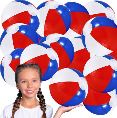 The Dreidel Company 12 Pack 12 Inch Beach Balls - Large Inflatable Patriotic Red White and Blue Beach Balls Perfect for Swimming Pool Party and Summer Fun Toy