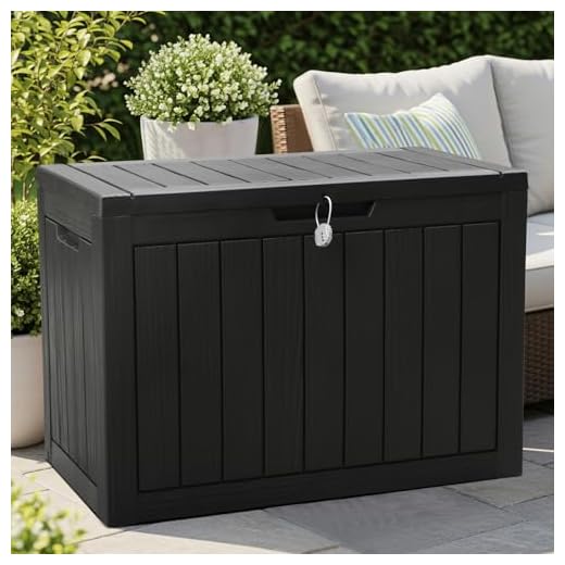 Olsen & Smith 170L Lockable Outdoor Garden Plastic Storage Box Container Chest - Small Lawn Balcony Furniture, Weather Resistant, Wood Panel Effect (Black)