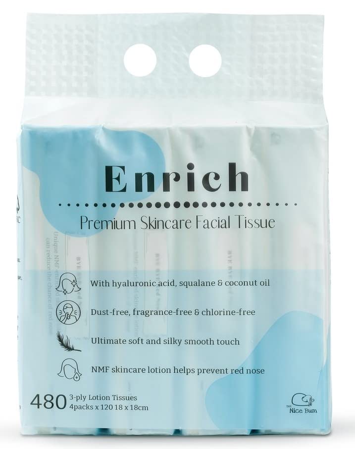 Enrich Premium Lotion Facial Tissues with Vegan HA, Olive-extracted Squalane & Organic Coconut Oil, 8 Packs, 120 Tissues per Pack, 3-Ply (960 Total Tissues) (960)