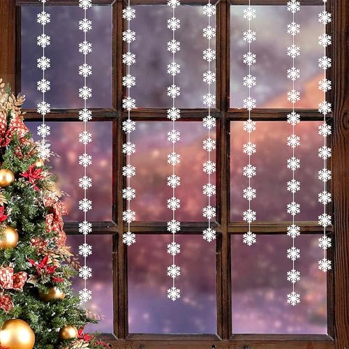 Image of Snowflake-Snow White Christmas Party-Decoration Garland - 52ft Frozen Winter Wonderland Ornaments Hanging Paper Streamers,New Years Birthday Baby Shower Wedding Holiday Classroom Ceiling Decor Hugfond